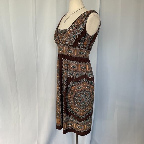 Sleeveless Dress Size 6 Brown Tan Brocade Paisley Stretch Empire Waist Boho Y2K - Picture 6 of 16